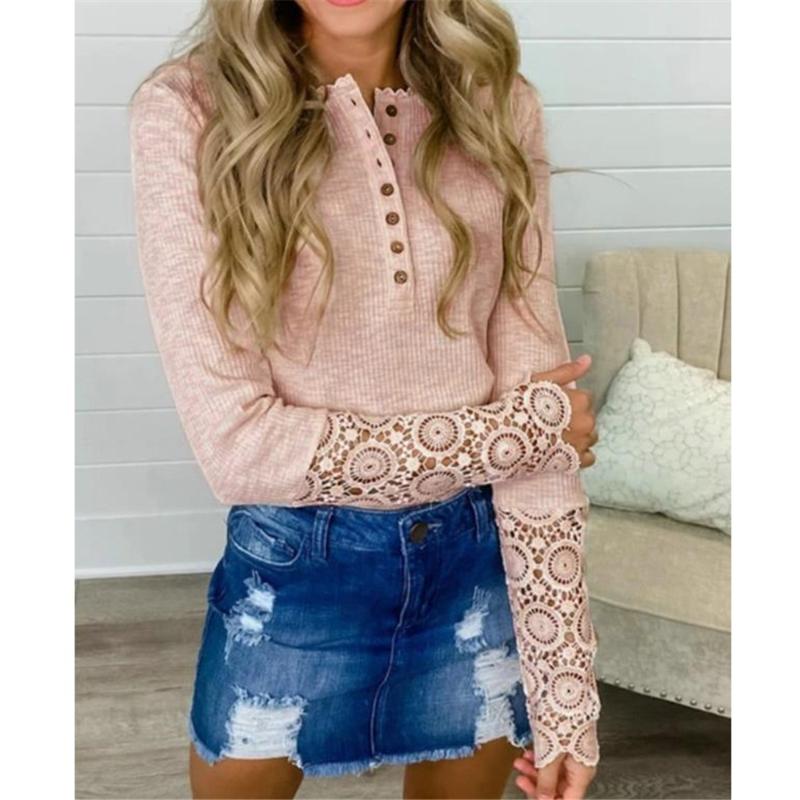 

Women's Sweaters Spring Autumn Women Fashion Casual Knitted Long Sleeve Pullover Tunic Floral Lace Patchwork Button Round Neck Solid Sweater, White;black