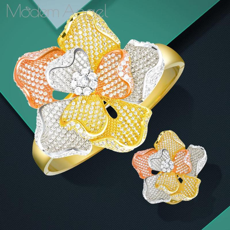 

Earrings & Necklace ModemAngel Luxury Flower Gold Bangle Bracelet And Rings Jewelry Sets For Dubai Women Wedding Abrincos Para As Mulheres, Silver