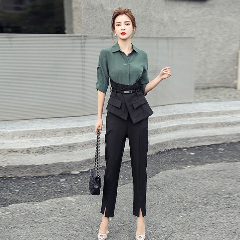 

HIGH QUALITY Women 2 Pieces Suits Wear To Work Set turn-down collar Print Shirt Top + High Waits lack Long Pants set 210525, Picture color