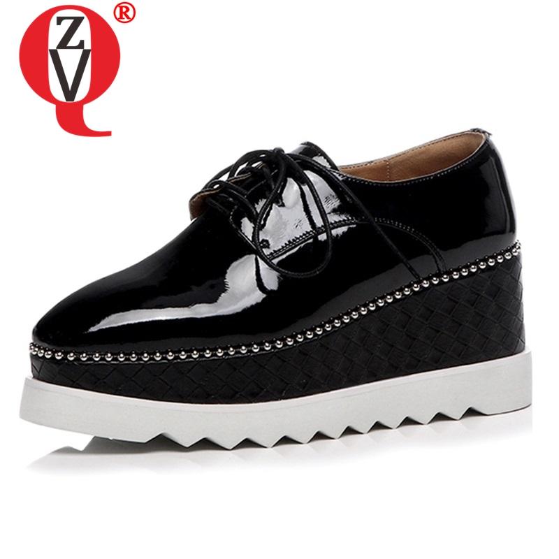

Dress Shoes ZVQ Women 2021 Spring Fashion Patent Leather Square Toe Pumps Cross-tied Super High Wedges Platform Lady, Black