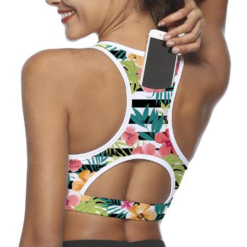 

Floral Striped Printed Women Sports Bra With Back Phone Pocket Push Up Underwear Top Fitness Gym Workout Running Sport Clothing, White;black