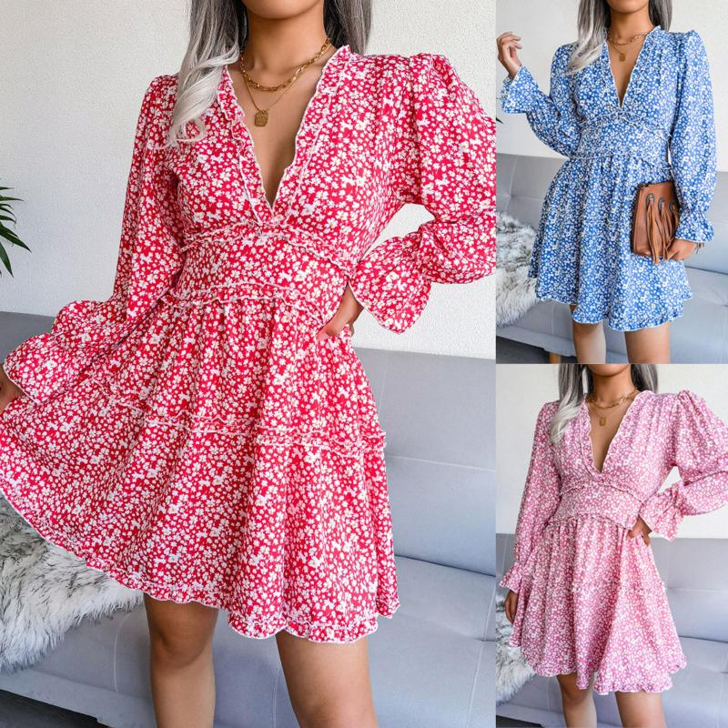 

Maternity Dresses Womens Dress Deep V Neck Long Sleeve Elastic Waist Ruffle Lightweight Slim Floral Print Midi Swing, White