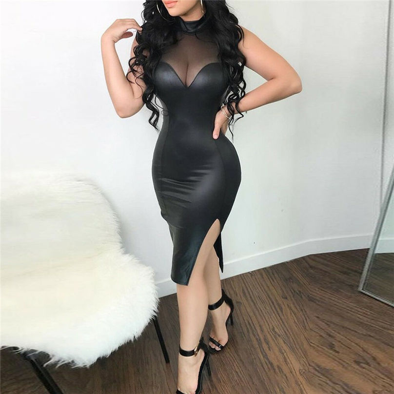

2021miarhb 2021 fashion women pu leather midi dress ladies mesh sheer sleeveless bodycon summer dress vestidos robe femme #4m22, Black;gray
