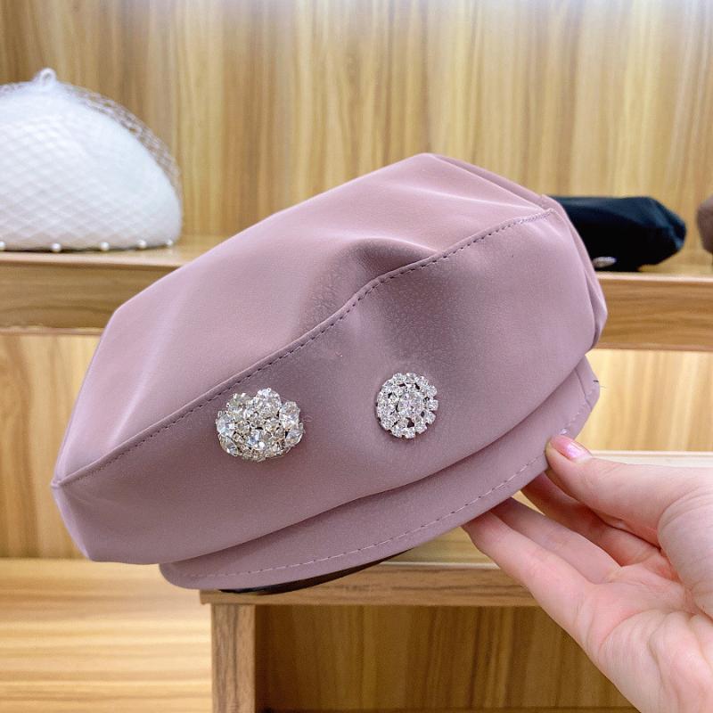 

Berets 202108-shi Autumn Sparkling Diamond Flower Suede Lady Beret Hat Women Leisure Painter, Black