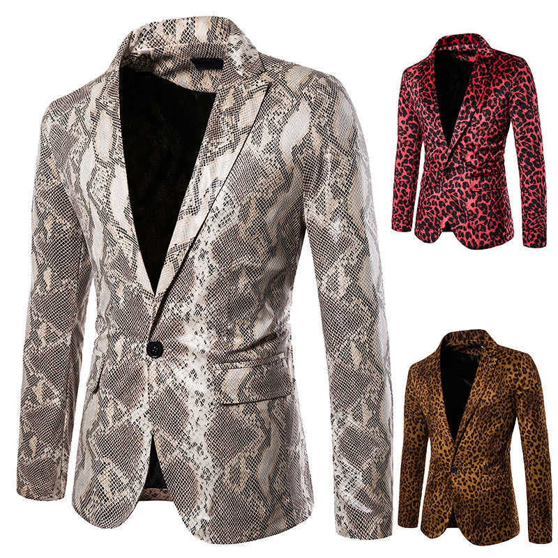 

Sexy Mens Leopard Blazer Masculino 2020 Pink Snake Skin Print Stage Costumes For Singers Mens Blazers Casual One Button Jacket X0615, Brown