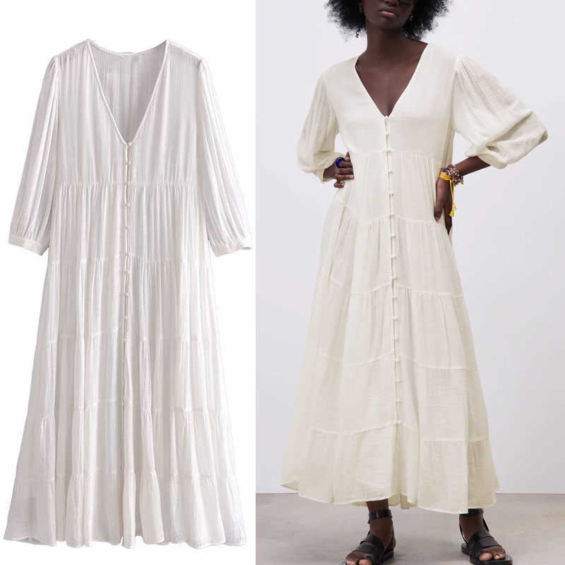 

Za Tiered Pleated Long Summer Dress Women Puff Sleeve Loose Vintage Party Dresses Woman Chic Button Up Lining White Dress 210602
