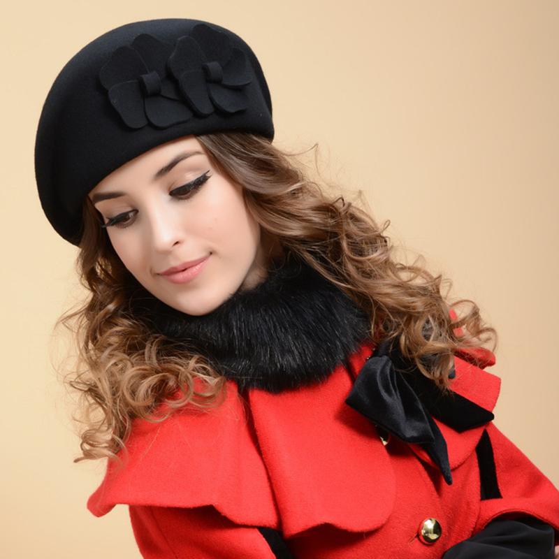 

Berets Ladies' Elegant Woolen Cloth Pure Color Appliqué Beret Cap Vintage Plain Hats Solid Lady Winter Caps, Red