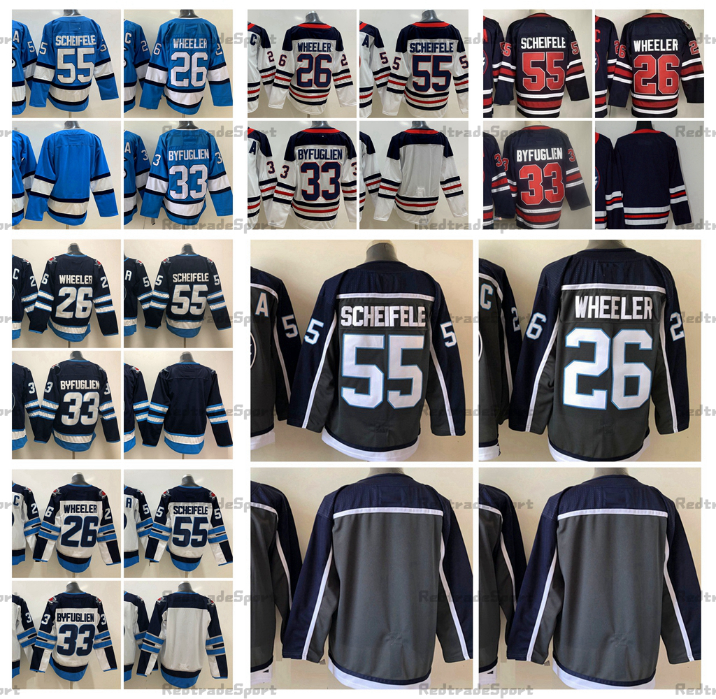 

2021 Reverse Retro Grey Hockey Jerseys 55 Mark Scheifele 26 Blake Wheeler (C) 33 Dustin Byfuglien Heritage Classic White Stitched Jerseys Light Blue S-XXXL