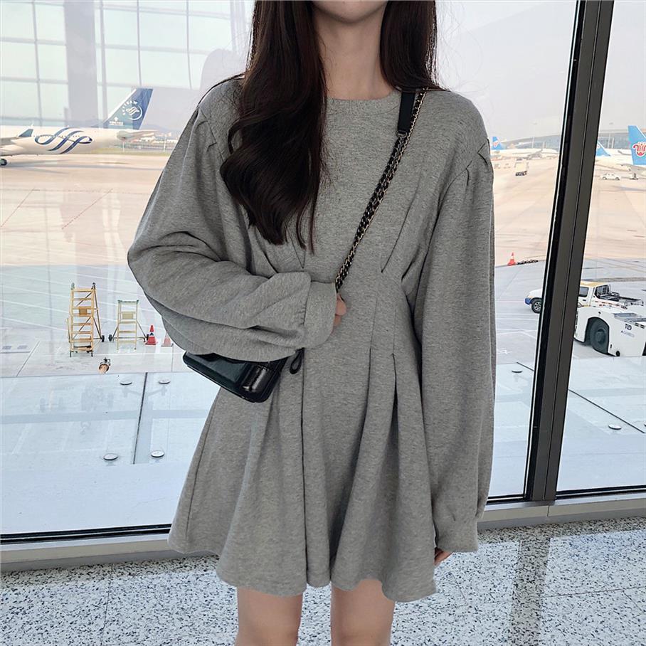 

autumn amp spring arrival women dress korean style waist slim fashion folds bat sleeve student long female free, Black;gray