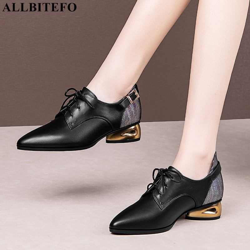 

ALLBITEFO large size:34-42 genuine leather gold heel brand high heel shoes thick heels office ladies shoes women heels shoes 210611, As picture