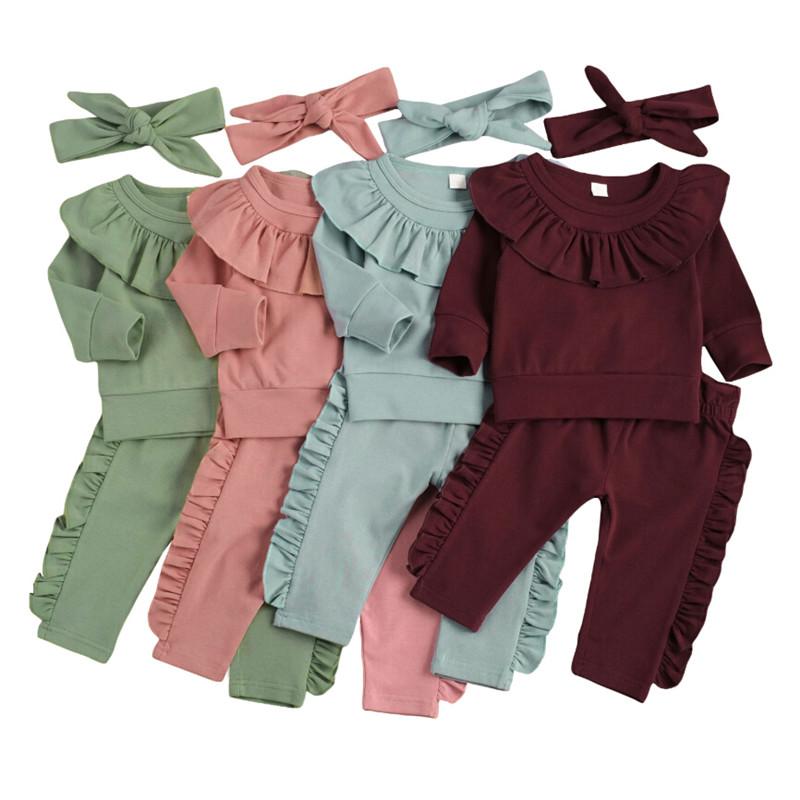 

Clothing Sets Born Baby Girls Long Sleeve Top Ruffles Pullover T Shirt+Pants Outfits 2Pcs Solid Set Autumn Spring 0-24M, White