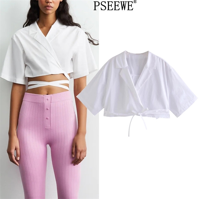 

Women's White Shirt Wrap Crop Top Female Fashion Short Sleeve Chic Woman Blouse Hem Tied High Street Sexy Tops 210519