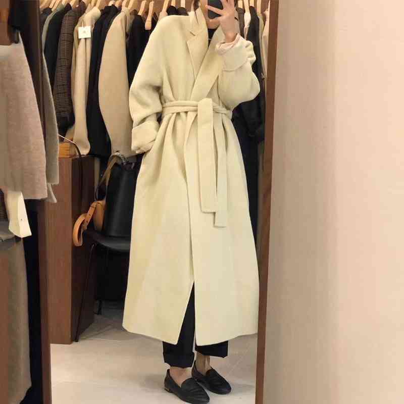 

Korean Coat Women Fashion Turn Down Collar Elegant Long Wool s Autumn Winter Sleeved Slim Bandage Blends 210602, Black