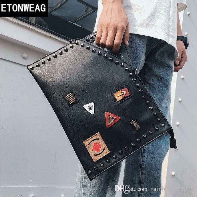 

Factory wholesale men handbag cool decoration mens bag personality rivet punk handbags casual leather fashion wrist bags, Black