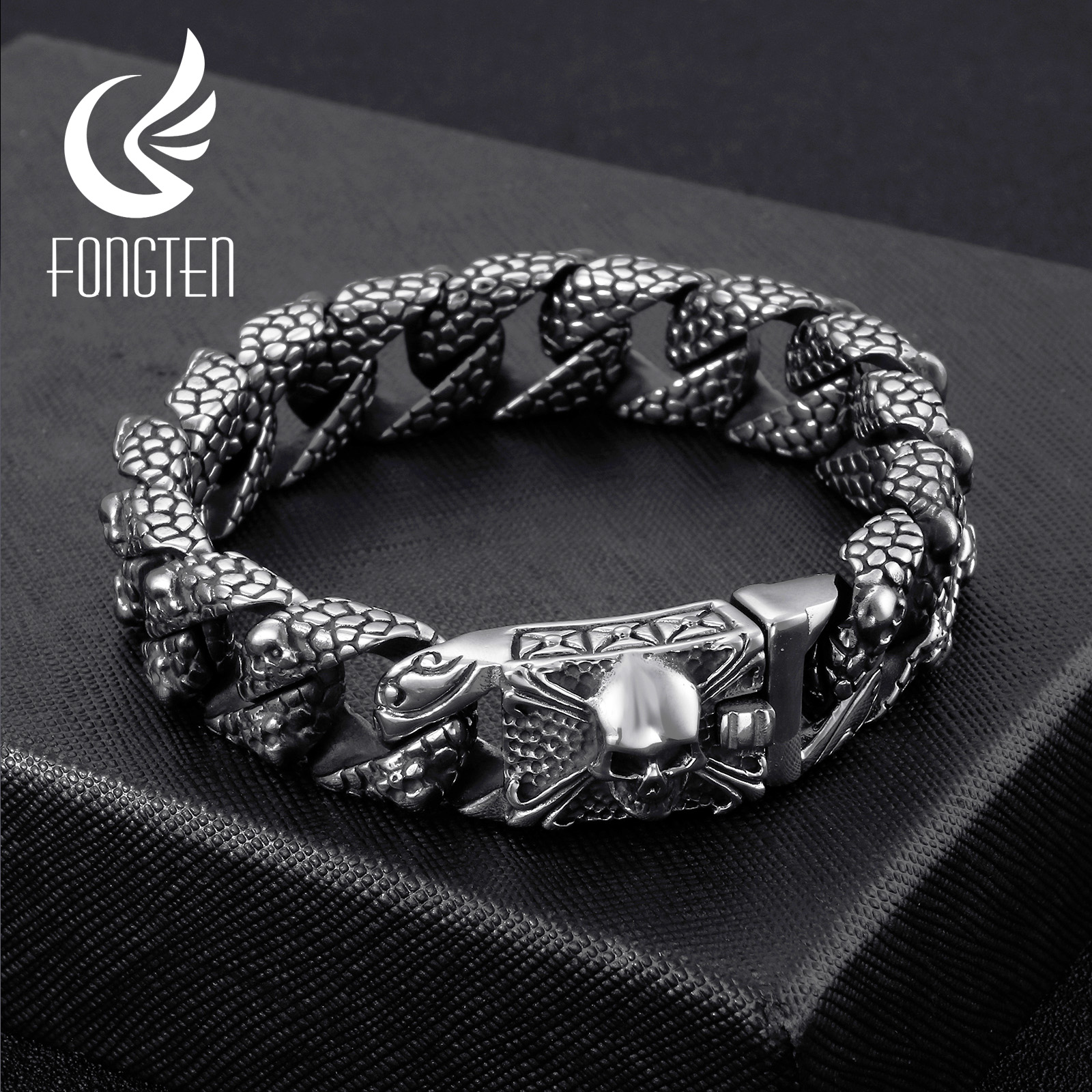 

Fongten Gothic Retro Style Mens Bracelets Stainless Steel Skull Franco Link Curb Chain Bracelet For Men Punk Fashion Jewelryg