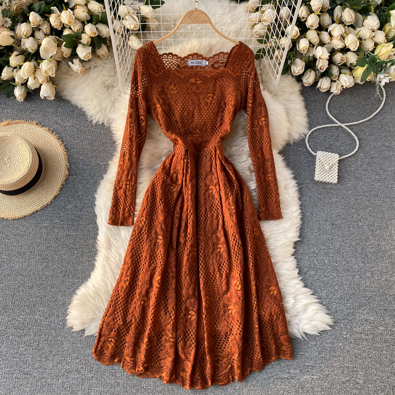 

Embridery A-Line Vintage Long Sleeve Dresses Women Lace High Waist Dress 2021 Party Spring Elegant Luxury square collar solid, Same as picture