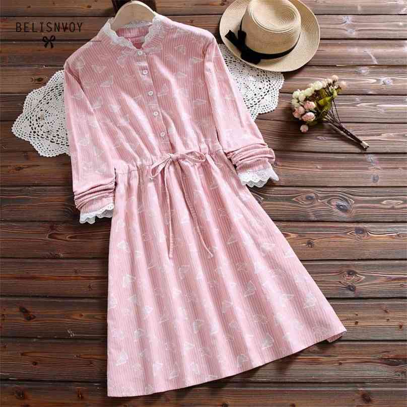 

Pink Blue Butterfly Printed Lace Up Vestidos Elegant Cotton Kawaii Cute Spring Dress Japanese Mori Girl Autumn Women Sweet 210520