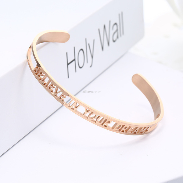 

Stainless Steel Bangle Bracelet Hollow Letter BELIEVE DREAMS Writaband band cuff for women men fashion jewelry will and sandy, Black