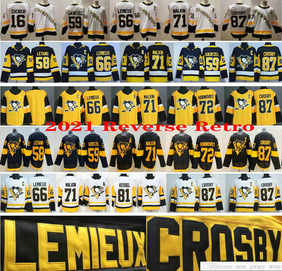

2021 Reverse Retro Hockey Jerseys 87 Sidney Crosby 71 Evgeni Malkin 66 Lemieux 59 Jake Guentzel 58 Kris Letang 16 Jason Zucker 72 Patric Hornqvist Jersey, Women size only s-xl