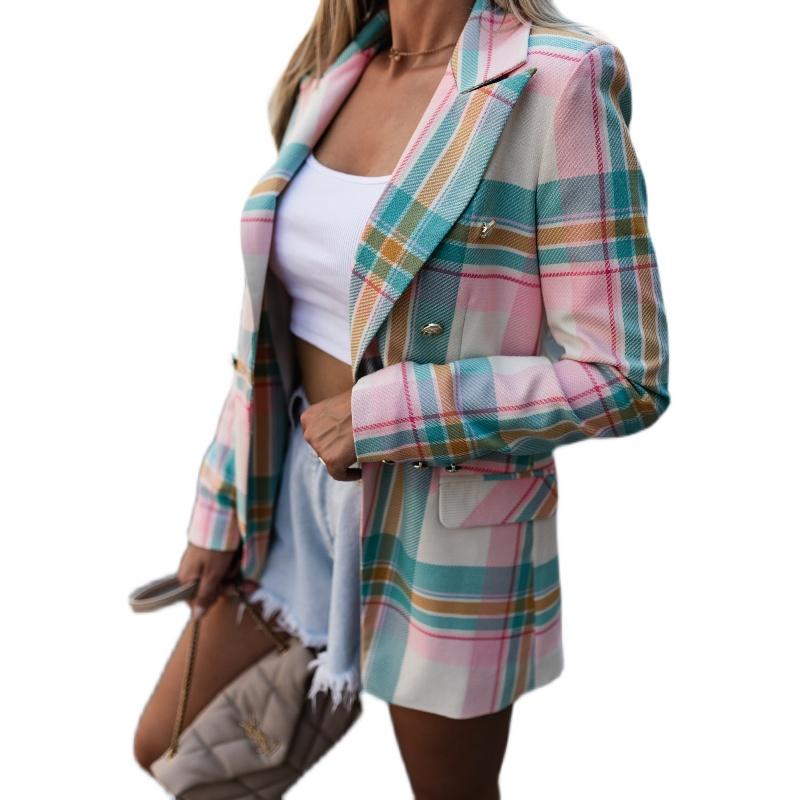 

Women' Suits & Blazers Women 2021 Fashion Check Double Breasted Blazer Coat Vintage Long Sleeve Female Outerwear Chic Tops, Pink