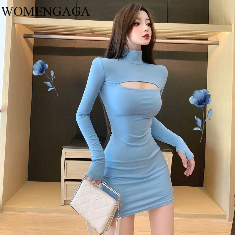 

WOMENGAGA Autumn Sexy Hollowed Out Chest Slim Hip Trampy Bottom Mini Dress Dresses Full Sleeve Women G4Q4 210603, Aqua blue