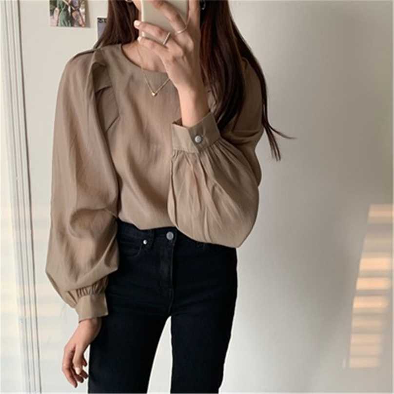 

Design Solid Pleated Brief Stylish Pullovers Puff Sleeves Elegance Free Blouse Women Chic Female Tops 210525, Photo color