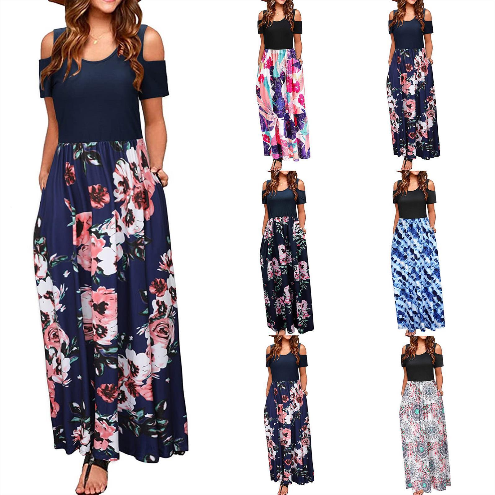 

casual print ankle length bohemian womens dress plus size floral short sleeve maxi daily, Black;gray