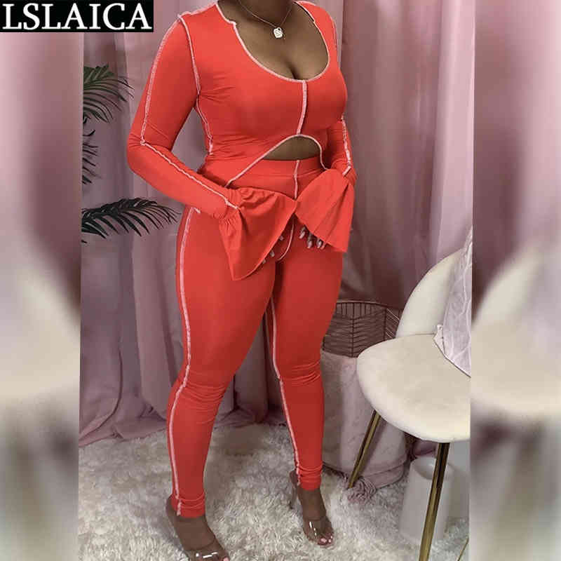 

Tracksuit Women 2 Piece Set Exposed Navel Tops&long Pants Flare Sleeve Solid Plus Size Two s Streetwear 210520, Orange