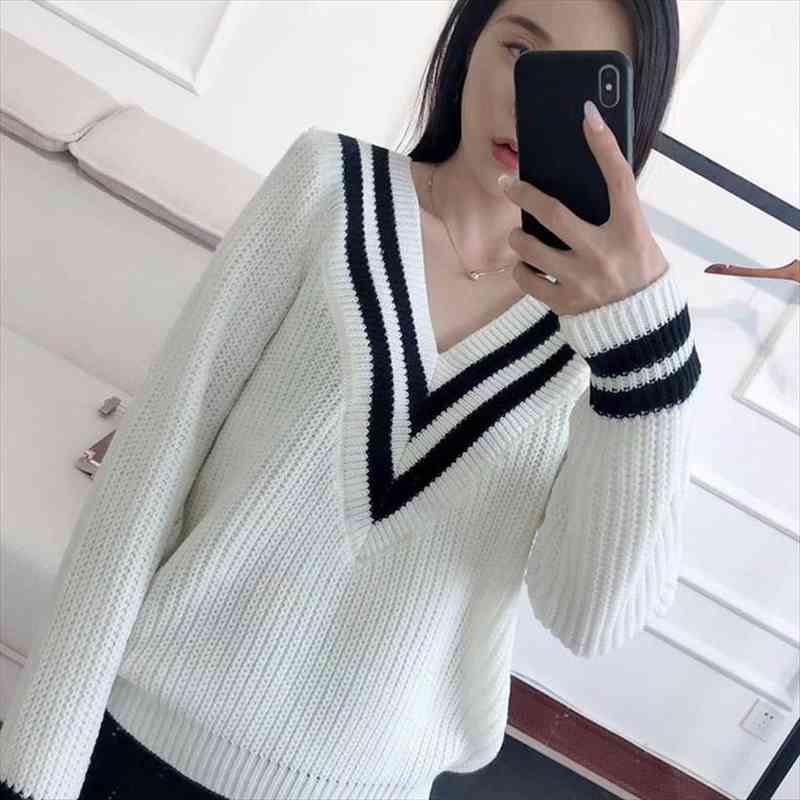 

fall fashion women v-neck sweater stitching bat sleeve knit sweater lady, White;black