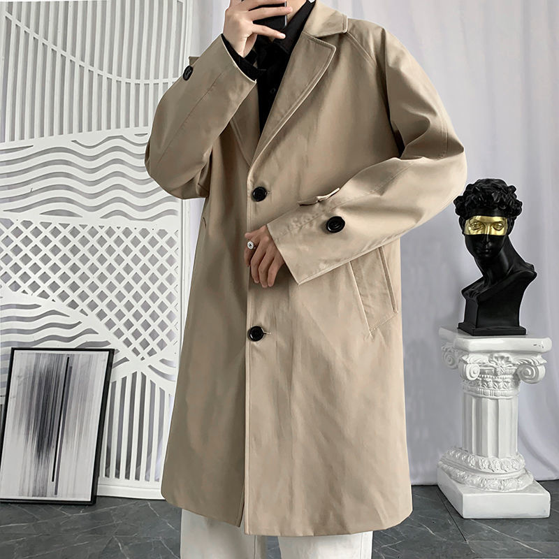 

Men's Trench Coats fall for men at the knee windbreaker loose coat Korea solid khaki clothing recommend YWCK, 1# shoe box