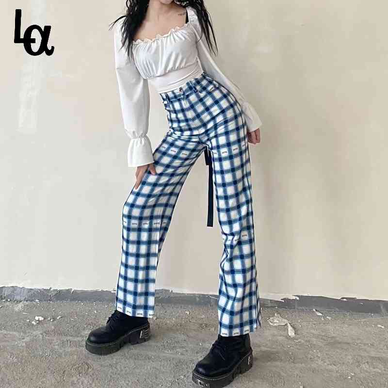 

Korean Fashion Women Plaid Long Pants Vintage High Waist Casual Street Retro Trousers Female Straight Bottoms 210519, Green
