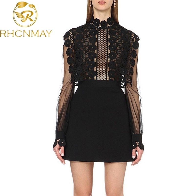 

Summer Self-Portrait Runway Patchwork Black Lace Dress Women's Long Sleeve Flower Embroidery Crochet Hollow Out Mini Dress 210515, Black;gray