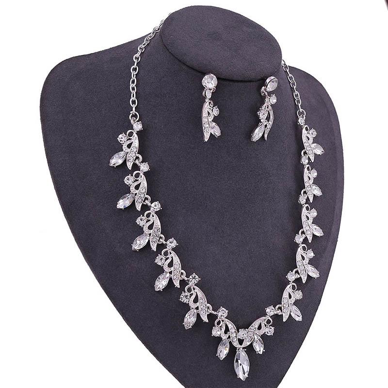 

Earrings & Necklace FORSEVEN Women Girl Bridal Bride Wedding Party Jewelry Sets Fashion Crystal Leaves Pendant Stud Earring Ear Clips, As pic