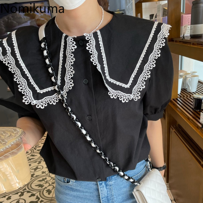 Nomikuma Korea Chic Women Shirts Lace Hollow-out Turn-dwon Collar Blouses Causal Puff Short Sleeve Blusas Mujer Moda 6F787 210427