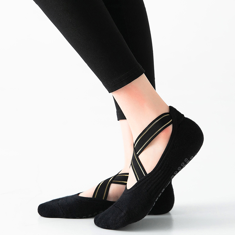 

High Quality Bandage Yoga Socks Anti-Slip Towel Bottom Pilates Sock Breathable Quick-Dry Backless Barre Dance Socks, Black q