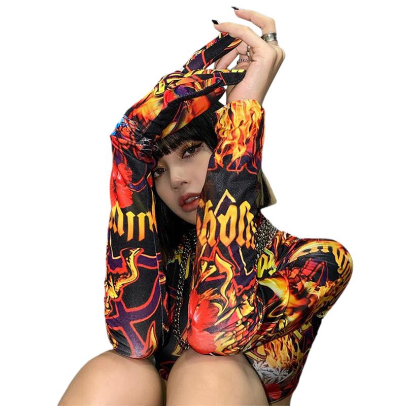 

Women' T-Shirt Cropped Shirt, Long-Sleeved Top, Cool Gloves Dye Printed Wrapped Elastic Casual Party Round Neck Clothes, Multi
