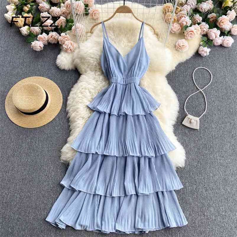 

Women Beach Midi Dress Summer Sexy V-neck Pleat Layer Ruffled Dresses Ladies Elegant A Line Long Robe Vestido 210602, Black
