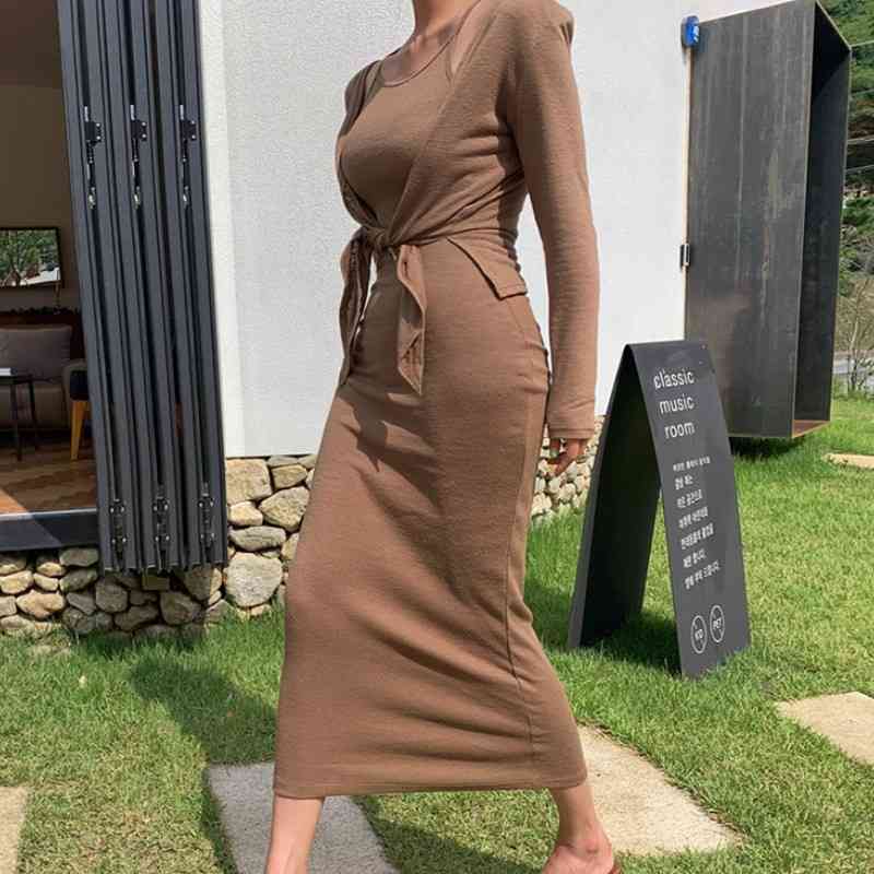 

Fashion 2 piece Set Knit Suspender Vest Dress + Long Sleeve Cardigan Suits Summer Ladies Elegant Women Clothing 210526, Photo color