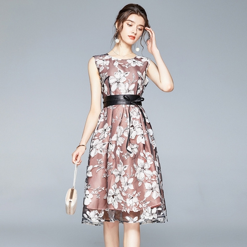 

Top Quality Print Organza Dress Summer Women Beautiful Flowers Black Mesh Long Midi Party 210525