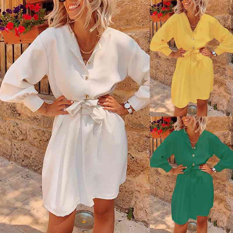 

Sexy V Neck Spring Long Sleeve Women Shirt Dress Sashes Button Casual Office Mini Ladies Summer es Vestidos 210603, White