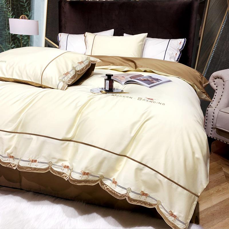 

Bedding Sets Four Seasons High-end Pure Color 120S Cotton Four-piece Set Light Luxury Embroidery Sample Room Bedspread