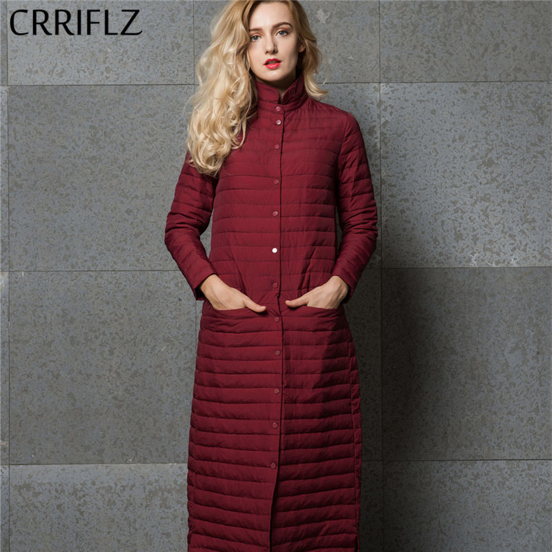 

CRRIFLZ Long Thin Down Jacket Women 90% White Duck Stand Collar Single Breasted Autumn Winter Warm Parkas Outwear 210520, Burgundy