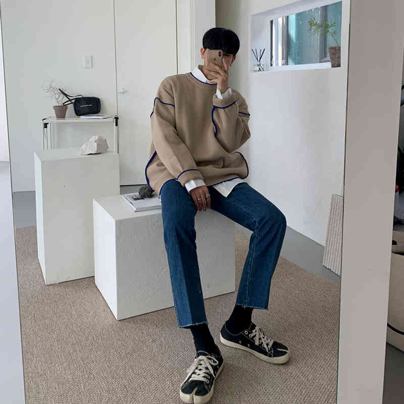 

men's sweaters iefb/roupa masculina suÃ©ter gola redonda, camisola solta coreana para homens outono e inverno, novas roupas grossas 9y42, White;black