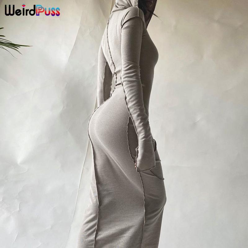 

Weird Puss Women Skinny Striped Patchwork AutumnLong Dress Hoodie Solid Fashion Fitness Bodycon Long Sleeve Streetwear Outfits Casual Dresse, Black;gray