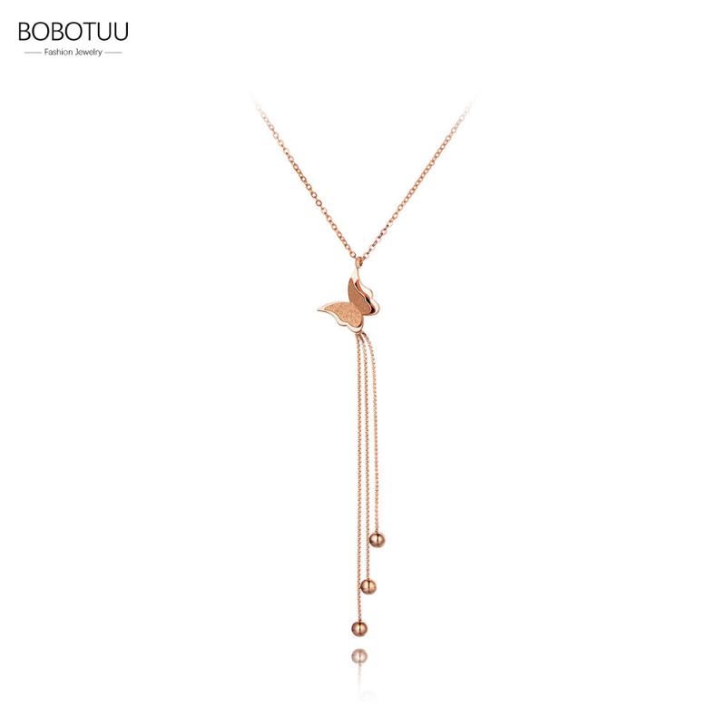 

Pendant Necklaces BOBOTUU Trendy Bohemia Stainless Steel Butterfly Animal Jewelry Rose Gold Tassel Necklace For Women BN20019, Silver
