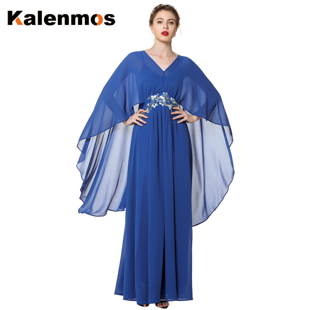 

Kalenmos Muslim Party Dress Women Summer Chiffon Elegant Long Cape Sleeve Cloak Dresses V-Ne Big Swing A-line Vestido Caftan