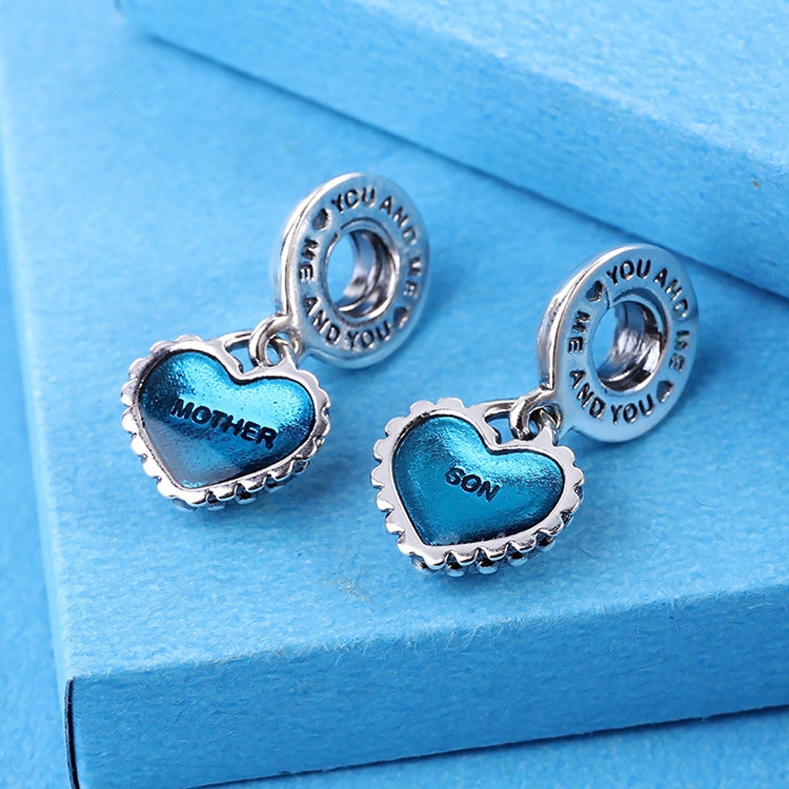 

Solid 925 Sterling Silver Piece of My Heart Mother & Son Dangle Pendant Bead with Blue Enamel Fits European Pandora Style Charm Bracelet