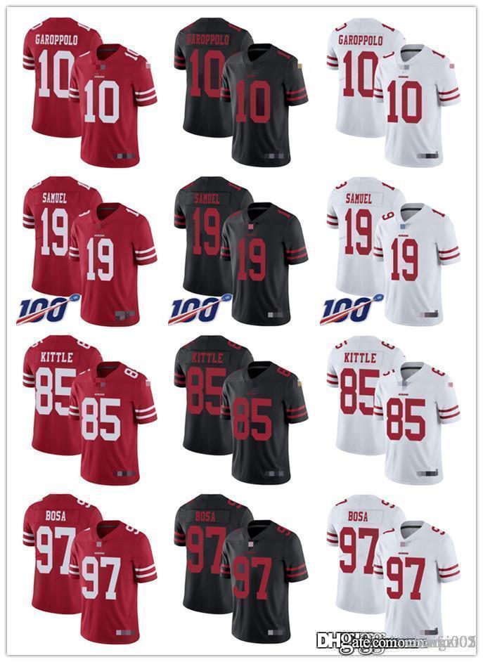 

Men Women Youth San Francisco 49ers 85 George Kittle 10 Jimmy Garoppolo 19 Deebo Samuel 97 Nick Bosa Red Custom Football Jerseys, Black;red