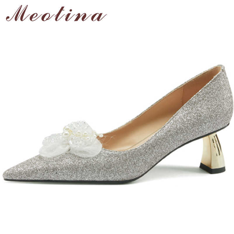 

Meotina Women Shoes Genuine Leather Pointed Toe High Heels Bling Strange Style Heel Pumps Pearl Flower Ladies Footwear Beige 43 210608