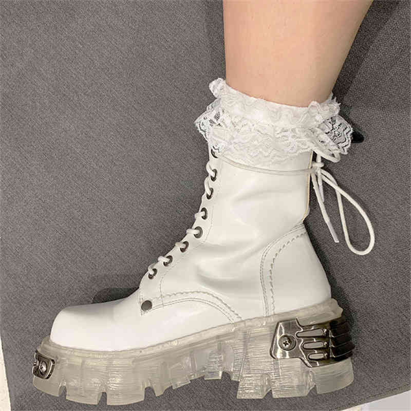

dress shoes white women ankle boots metal decor thick sole platform woman transparent heel botas militares riding knight short boo, Black